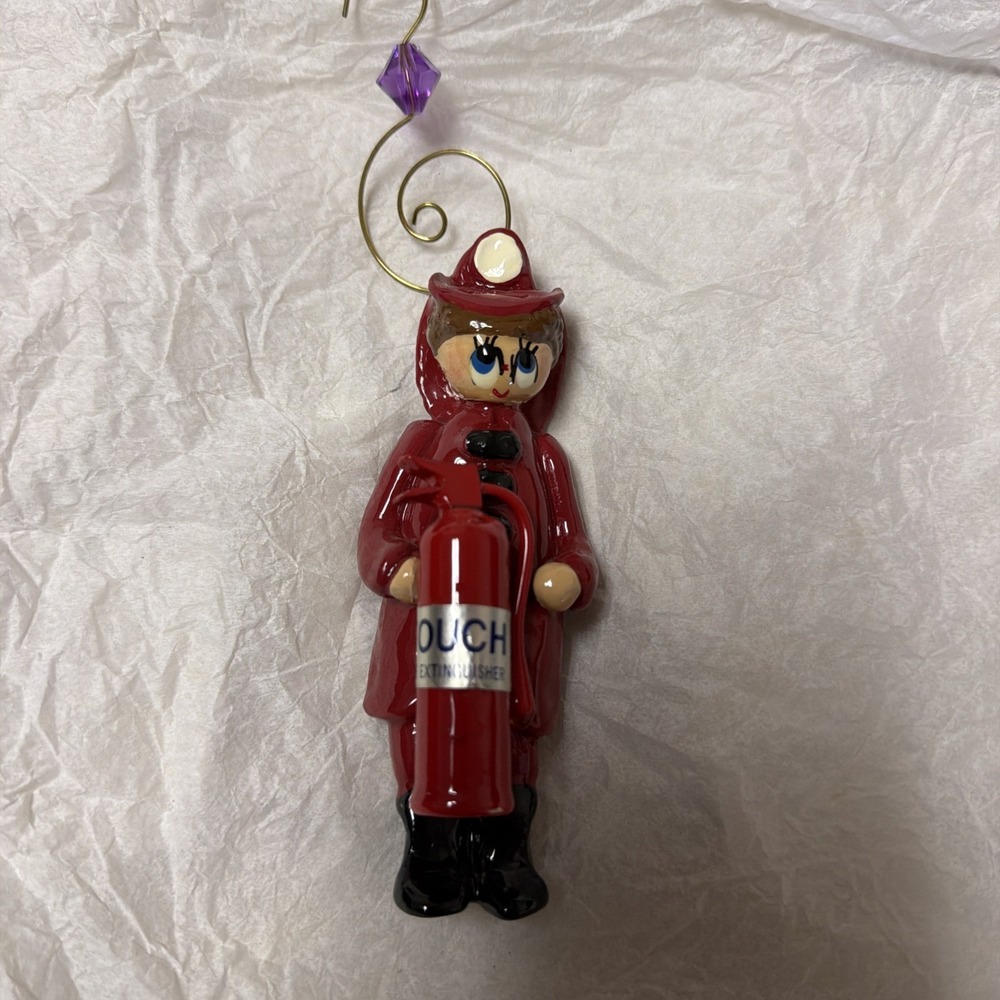 Female Firefighter Ceramic Christmas Ornament with Fire Extinguisher Red